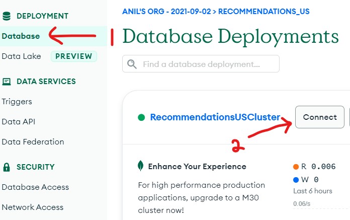 MongoDB database tab under deployment with connect button